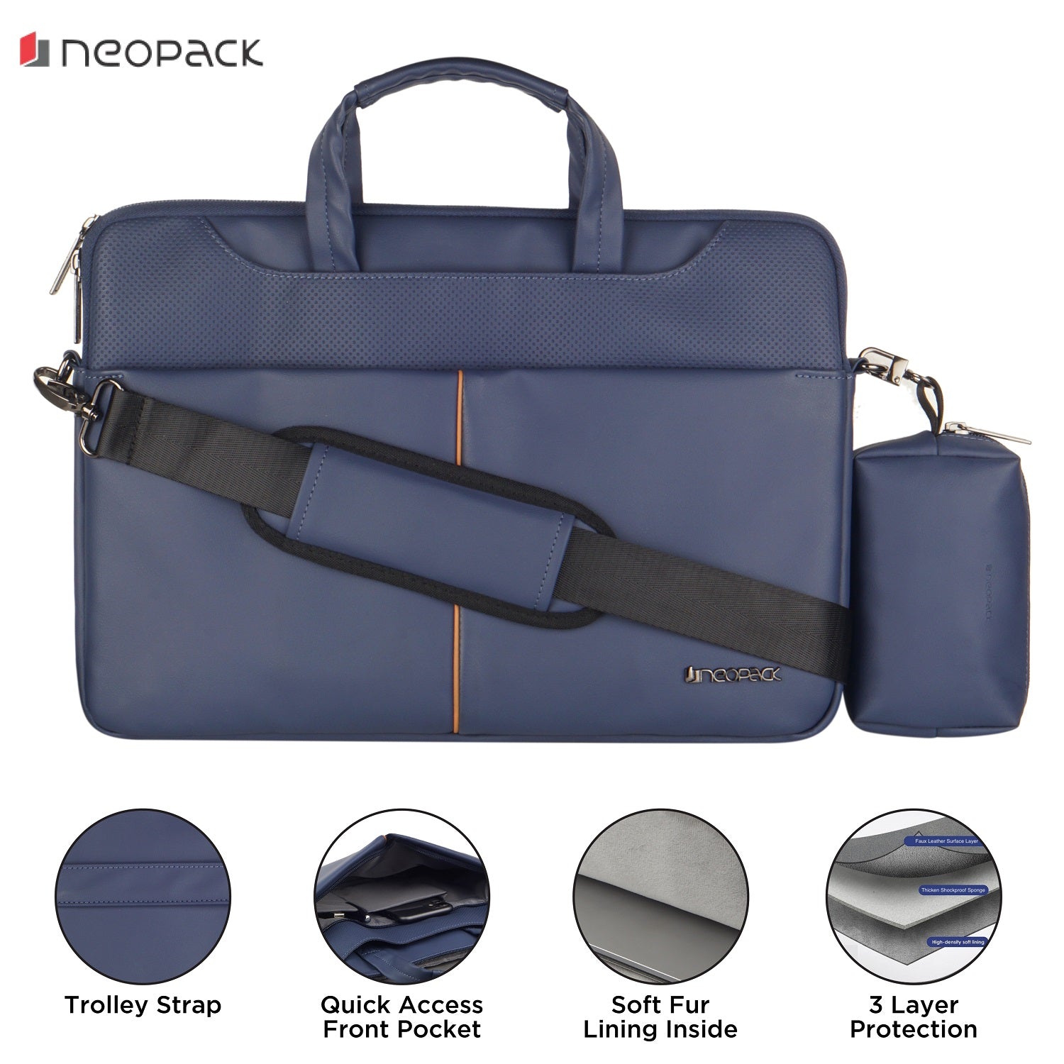 Leather Sleeve with Pouch for Upto 14.2 Macbooks Blue